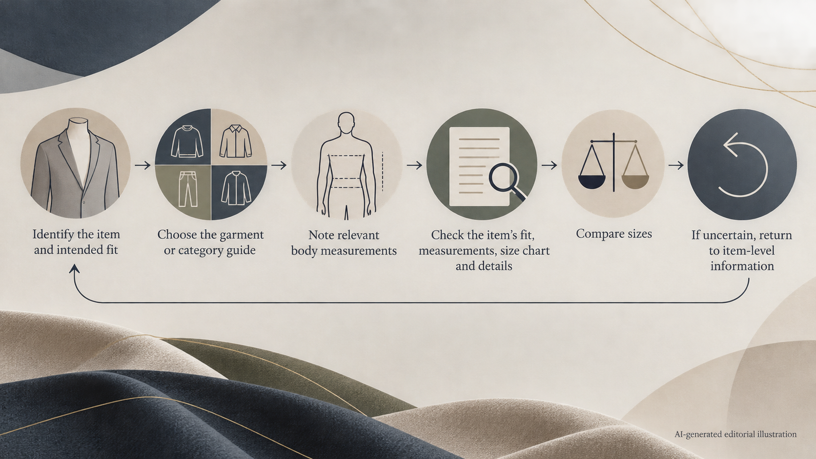 Give readers a repeatable visual sequence for consulting the appropriate garment guide and checking item-level information before choosing a size