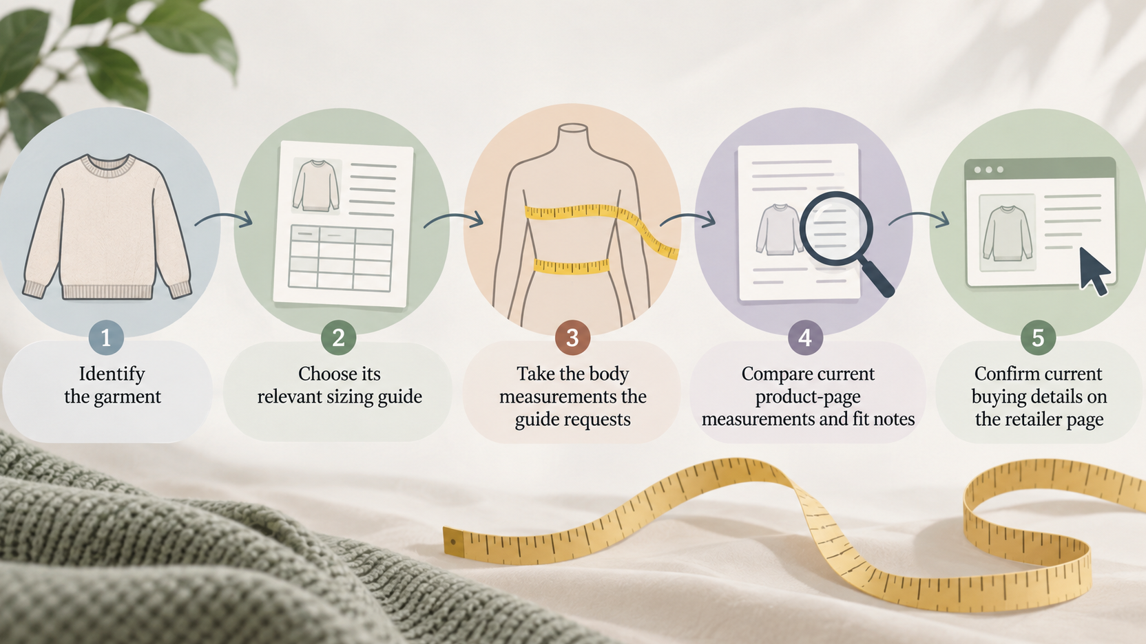 Give readers a visual sequence for applying the supplied guidance: measure, choose the relevant garment guide, compare product-level fit information, and verify current buying details