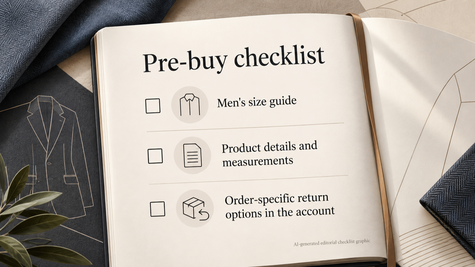 Turn the supplied size-guide navigation and return instructions into a concise pre-purchase checklist while making clear that item details and order-specific terms need separate checking