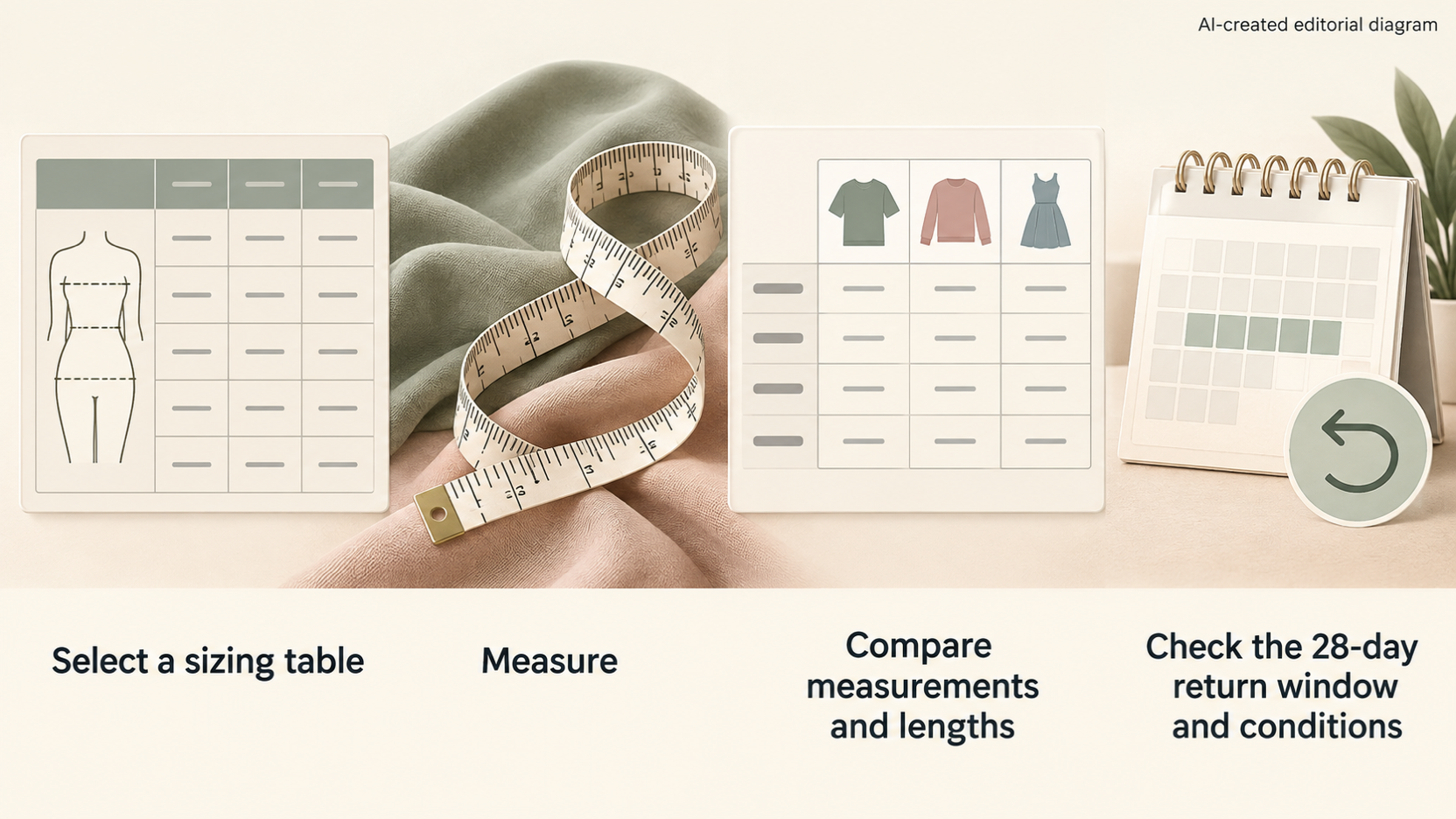 Turn the supplied sizing and returns evidence into a concise pre-order sequence, while signaling that item-specific details may still be needed