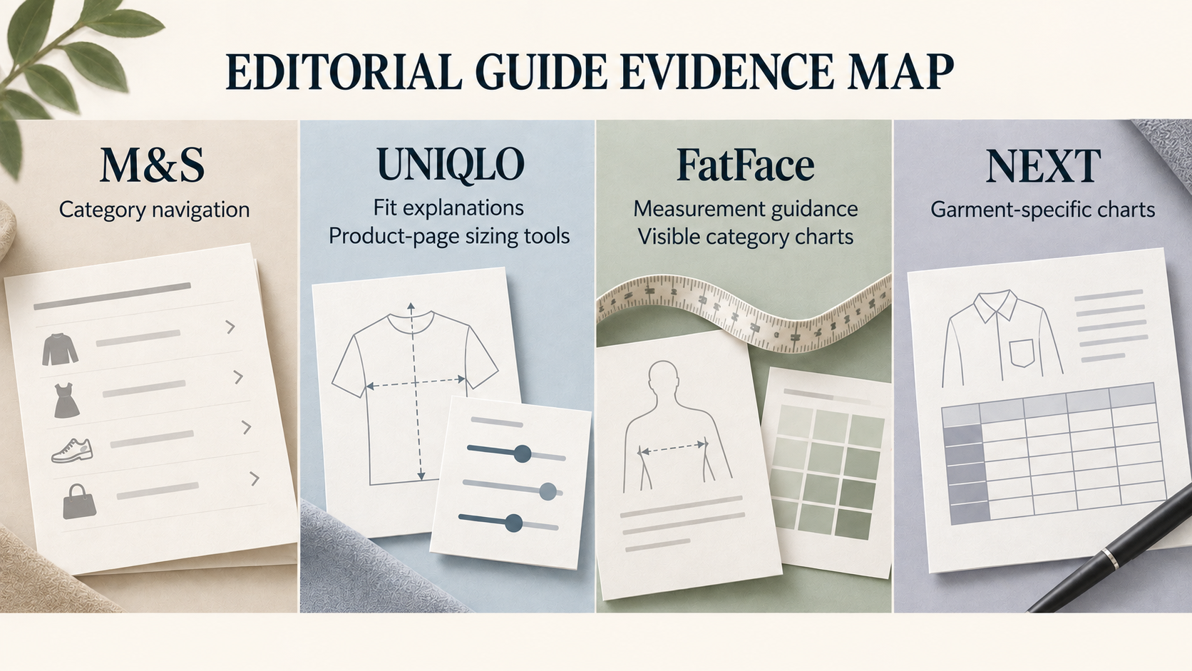 Summarize how the four supplied official excerpts differ in the type and detail of sizing information they show, preserving the distinction between M&S category navigation and the measurement or fit guidance visible elsewhere