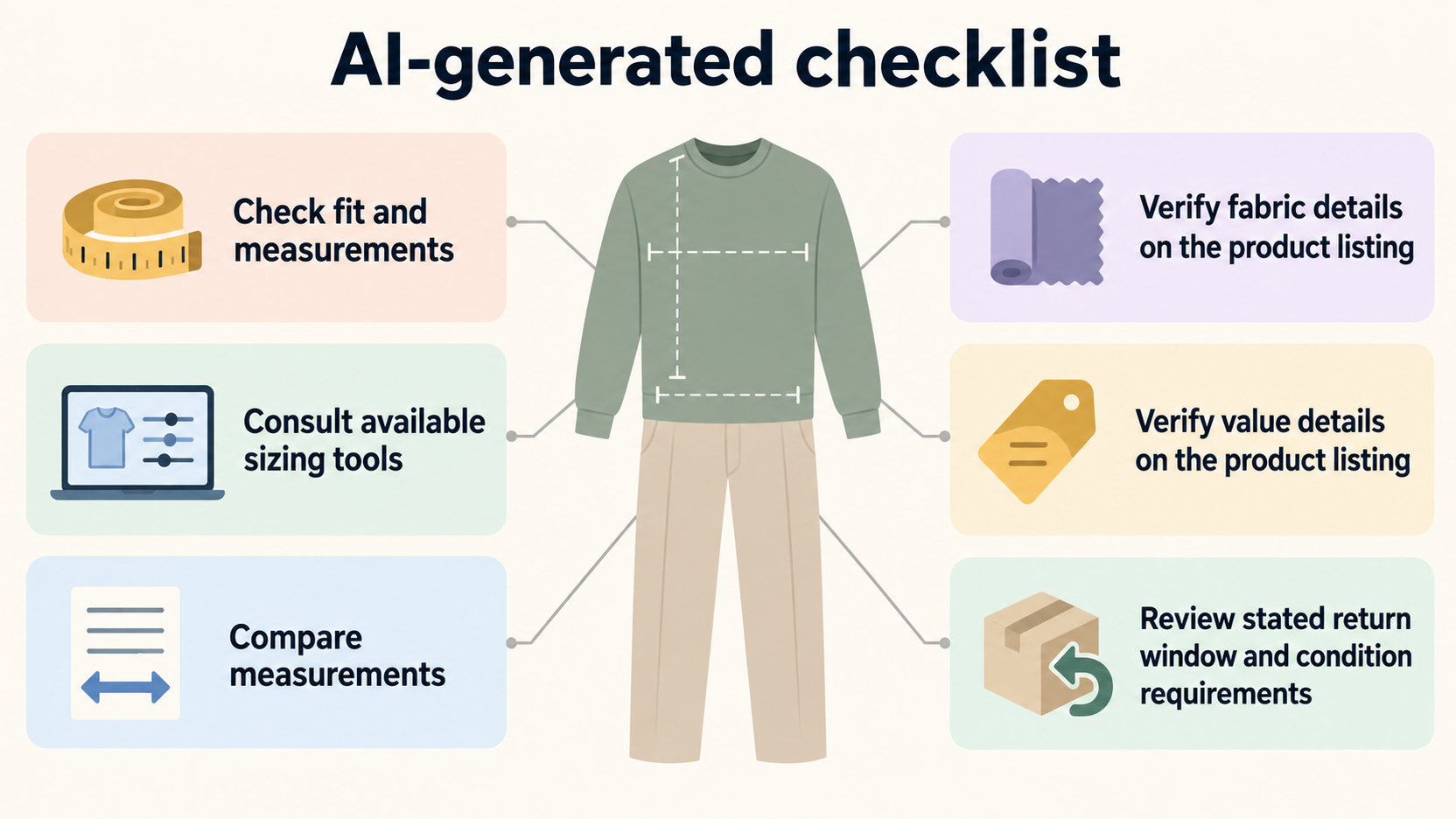 Turn the supplied fit and returns guidance into a repeatable UK shopping checklist, while directing readers to verify fabric and value details on the individual product listing