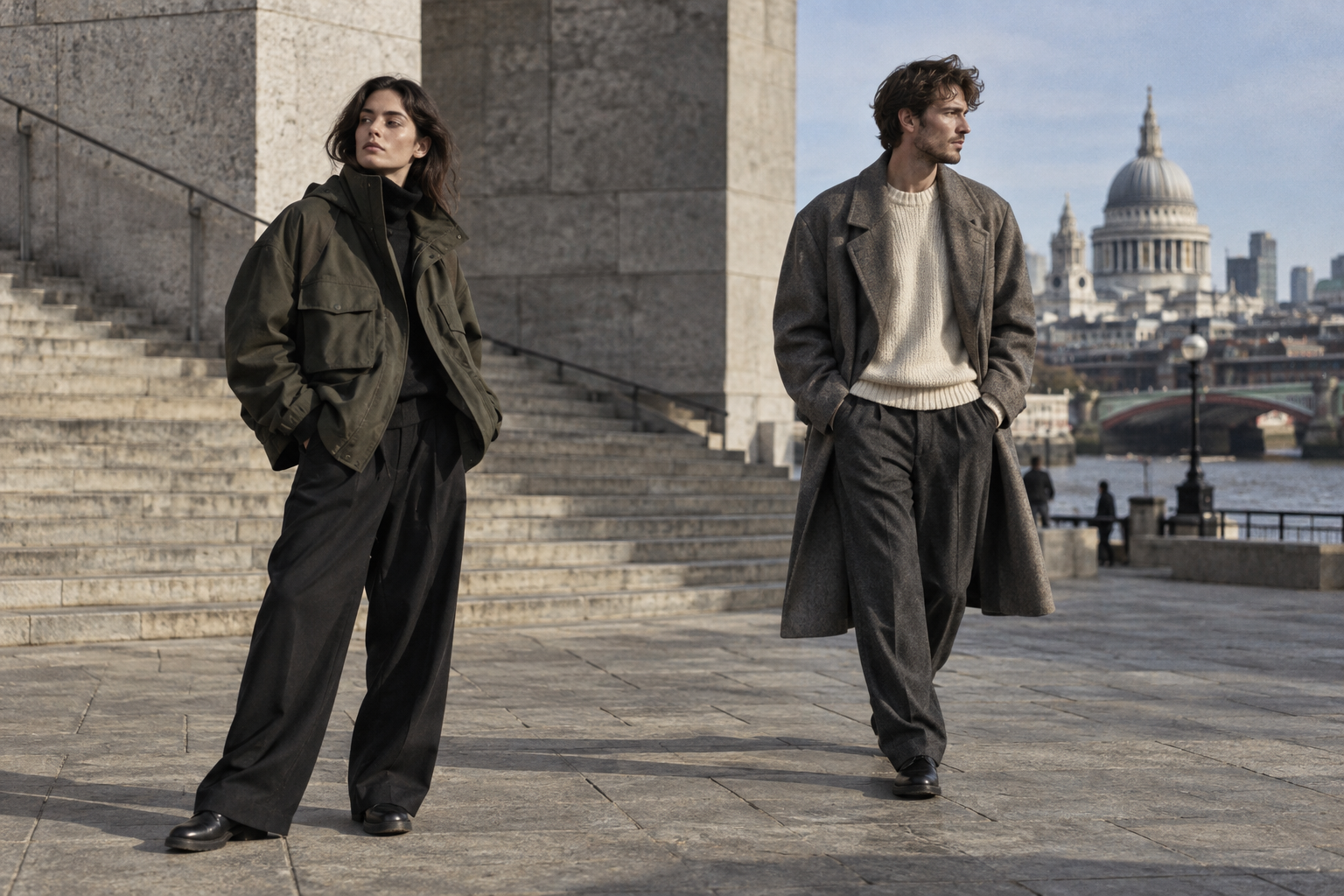 Two people in relaxed olive and grey tailoring by London stone architecture